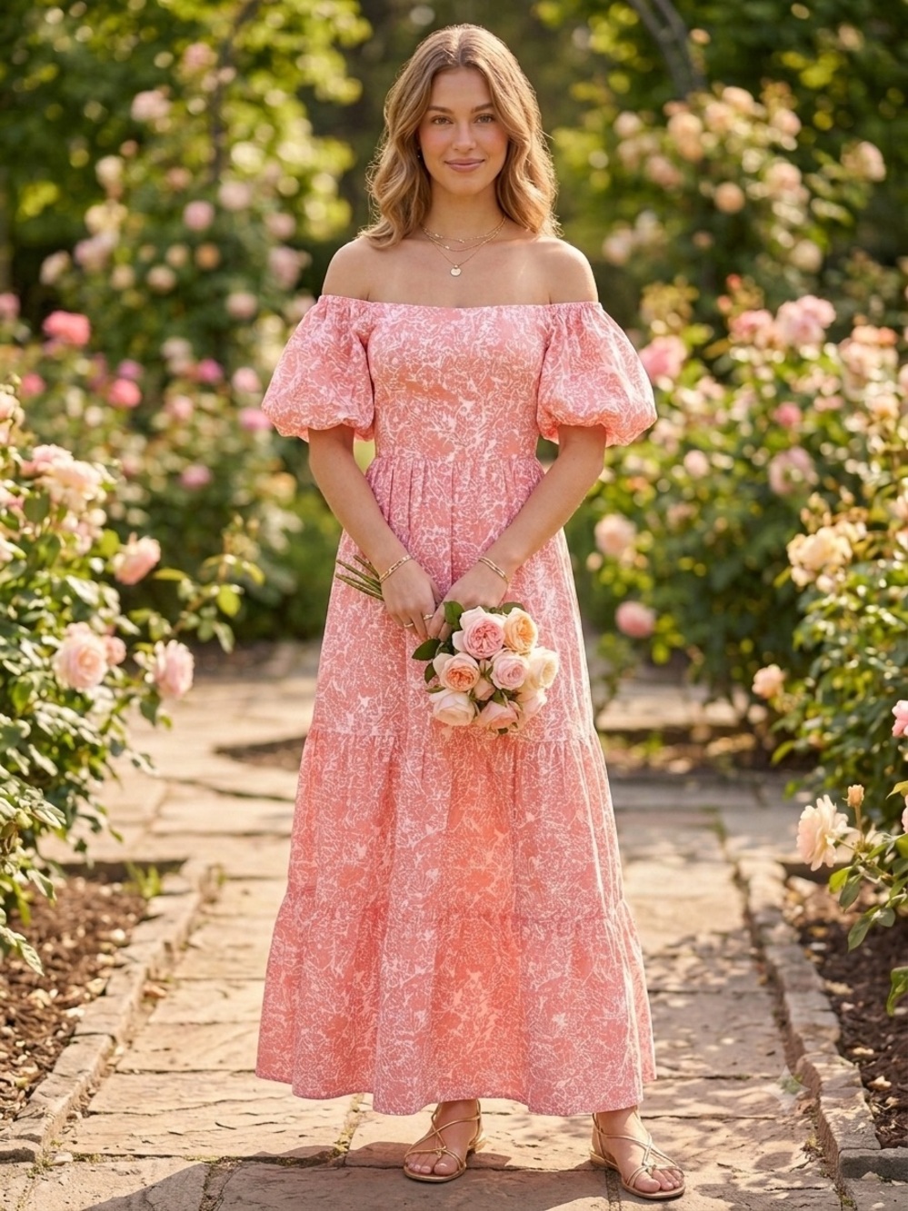 Peony Off-Shoulder Pink Floral Tiered Maxi Dress